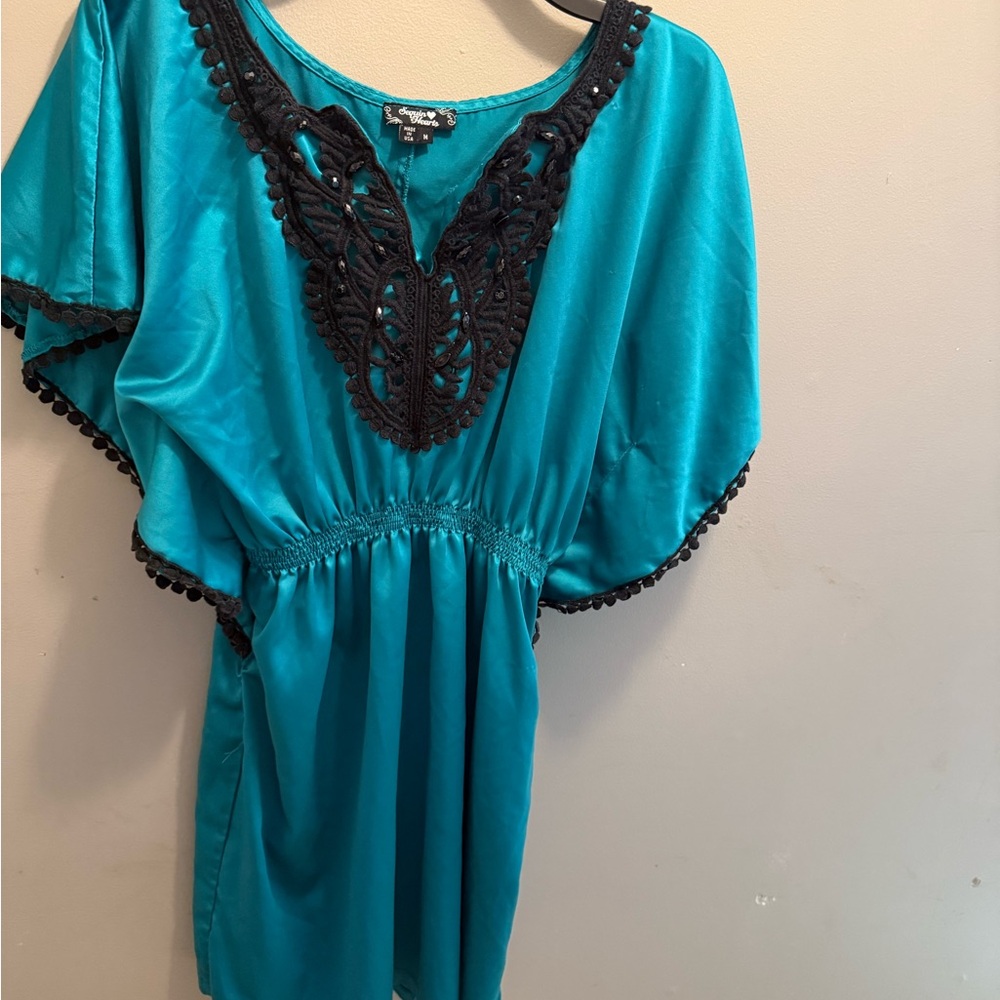 Sequin Hearts Blue Flutter Sleeve Midi Dress